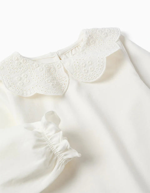 Long Sleeve T-Shirt with Broderie Anglaise Collar for Baby Girls, White