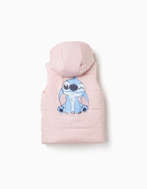 Hooded Puffer Vest with Stitch Prints for Girls, Light Pink