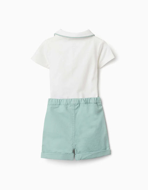 Cotton Bodysuit and Shorts Set for Newborn Boys, White/Light Green
