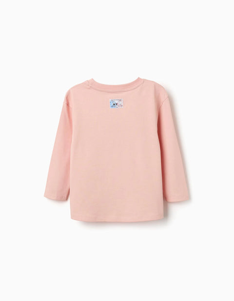 Long Sleeve Cotton T-Shirt with Stitch Vibes Print for Girls, Light Pink