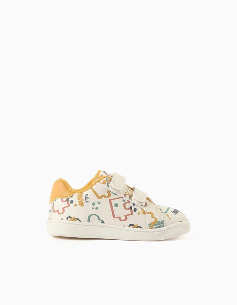 Touch-Fastening Trainers with Colourful Print for Baby Boys, White/Yellow