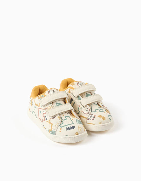 Touch-Fastening Trainers with Colourful Print for Baby Boys, White/Yellow