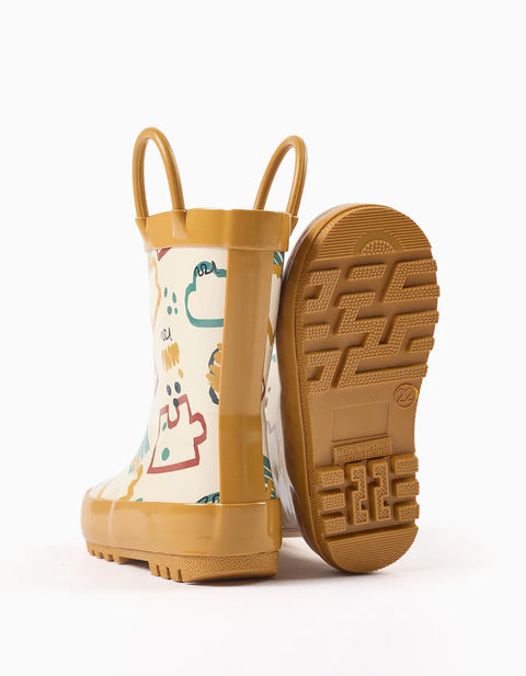 Rubber Handle Wellies with Print for Baby Boys, Light Beige/Yellow