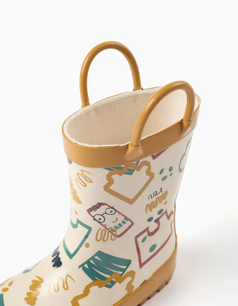 Rubber Handle Wellies with Print for Baby Boys, Light Beige/Yellow