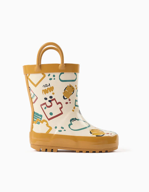 Rubber Handle Wellies with Print for Baby Boys, Light Beige/Yellow
