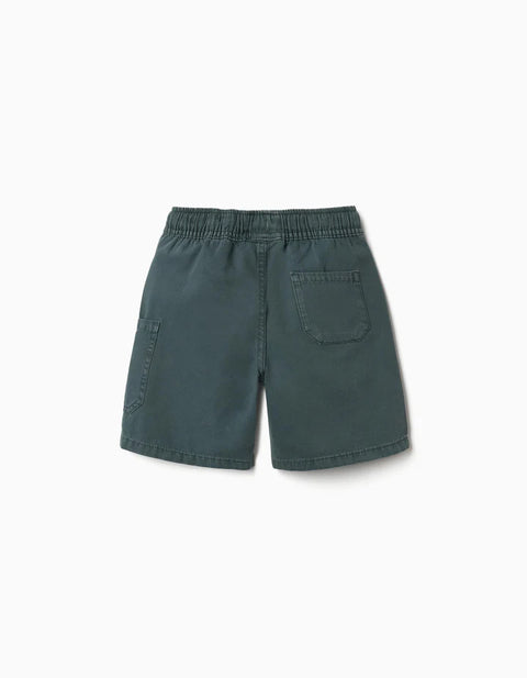 Midi Cotton Cargo Shorts with a Drawstring for Boys, Dark Green