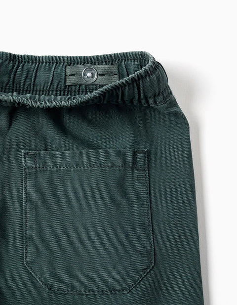 Midi Cotton Cargo Shorts with a Drawstring for Boys, Dark Green