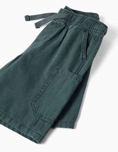 Midi Cotton Cargo Shorts with a Drawstring for Boys, Dark Green