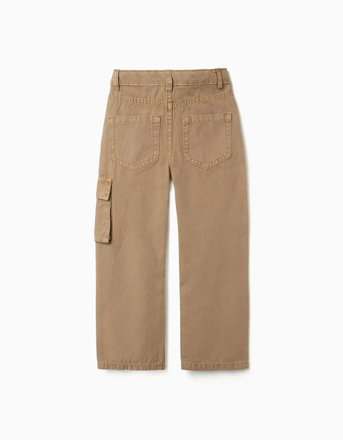 Straight Fit Cotton Trousers with 5 Pockets for Boys, Dark Beige
