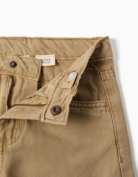 Straight Fit Cotton Trousers with 5 Pockets for Boys, Dark Beige