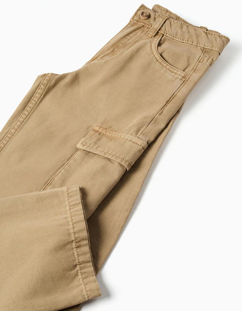 Straight Fit Cotton Trousers with 5 Pockets for Boys, Dark Beige