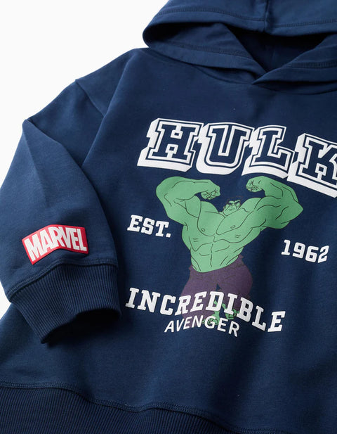 Hooded Brushed Sweatshirt with Hulk Print for Boys, Navy Blue