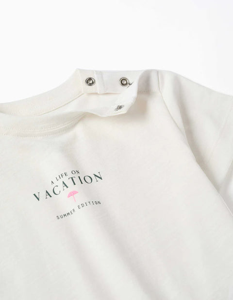 Cotton T-Shirt with Vacation Print for Baby Boys, Light Beige