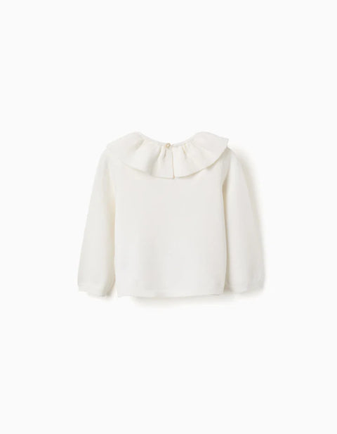 Knitted Jumper with Ruffled Collar for Baby Girls, White