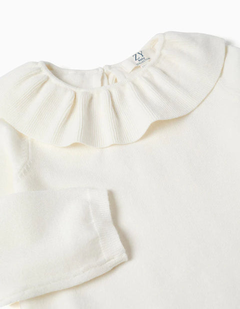 Knitted Jumper with Ruffled Collar for Baby Girls, White