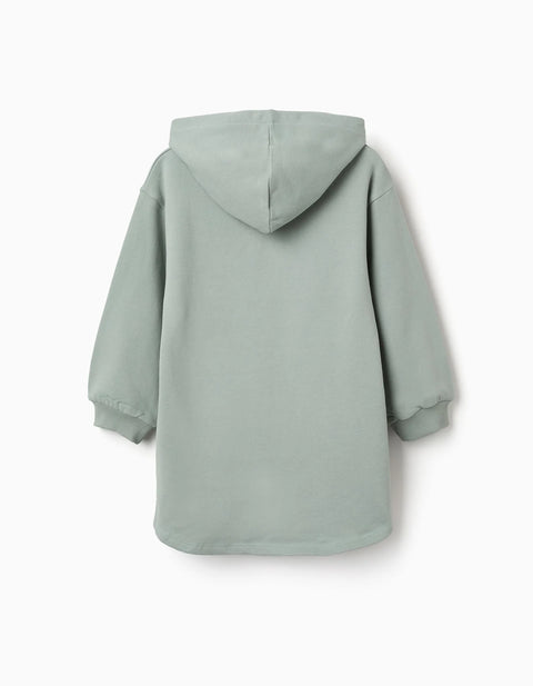 Brushed Hooded Dress with Stitch Print for Girls, Light Green