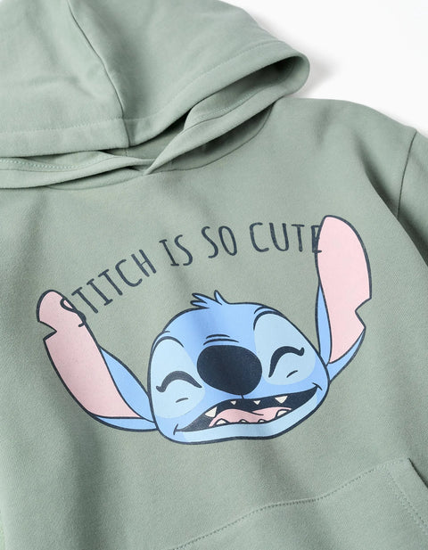 Brushed Hooded Dress with Stitch Print for Girls, Light Green