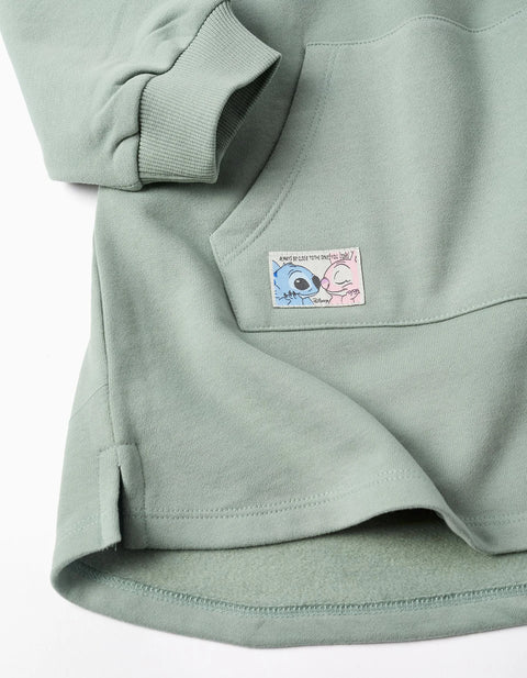 Brushed Hooded Dress with Stitch Print for Girls, Light Green