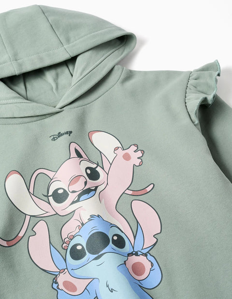 Brushed Hooded Sweatshirt with Stitch & Angel for Girls, Dark Green