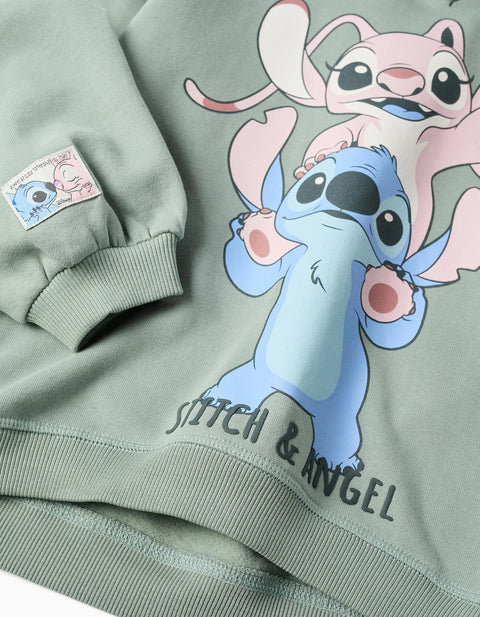 Brushed Hooded Sweatshirt with Stitch & Angel for Girls, Dark Green