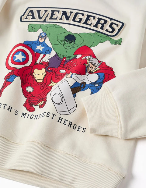 Brushed Sweatshirt with Avengers Prints for Boys, White