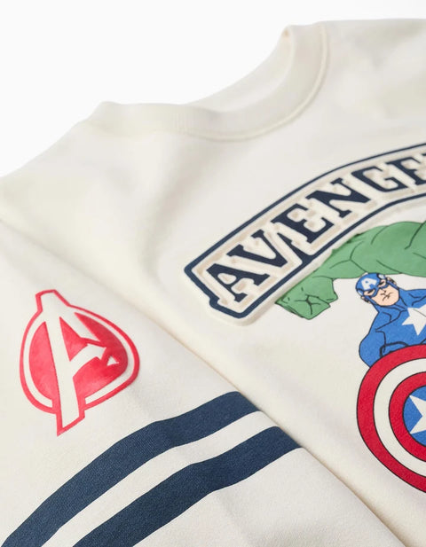 Brushed Sweatshirt with Avengers Prints for Boys, White