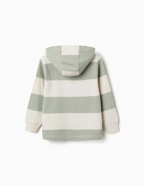 Hooded Cotton Sweatshirt with Stripes for Boys, Light Beige/Green