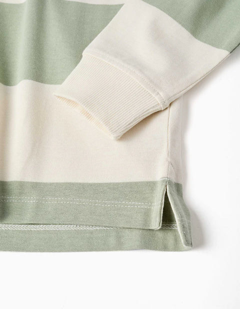 Hooded Cotton Sweatshirt with Stripes for Boys, Light Beige/Green
