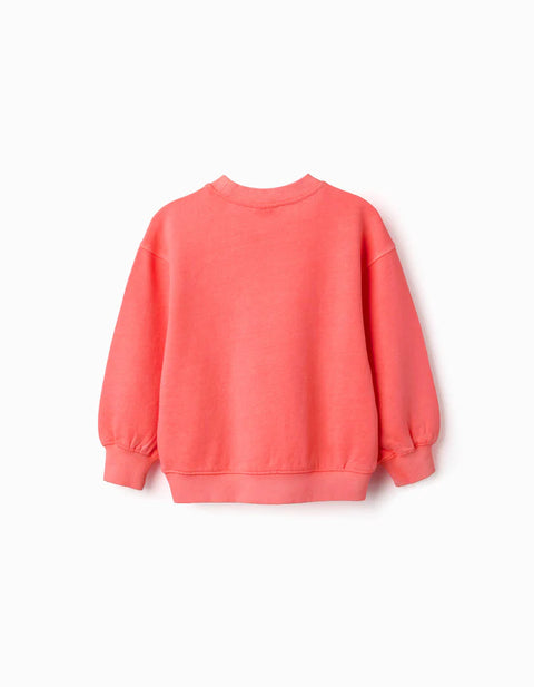 Cotton Sweatshirt with Dropped Shoulders for Girls, Neon Coral