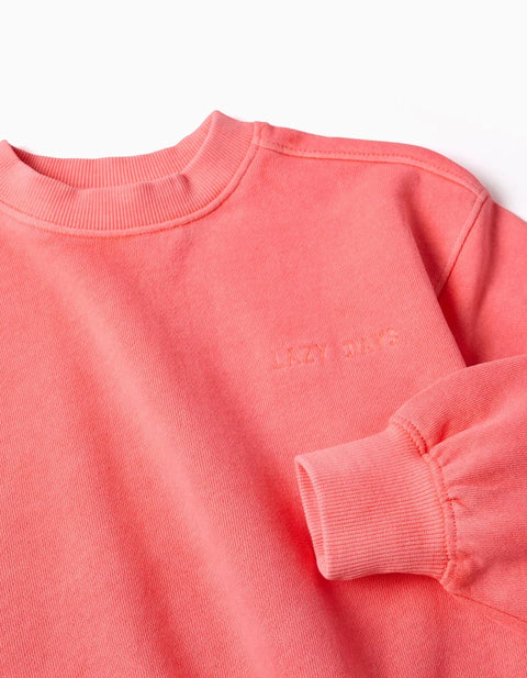Cotton Sweatshirt with Dropped Shoulders for Girls, Neon Coral