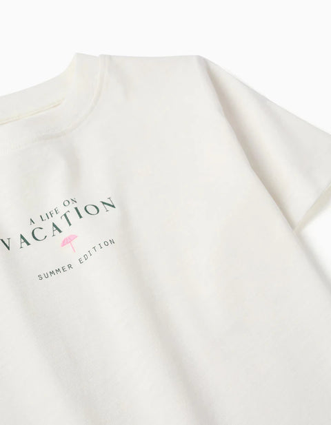 Cotton T-Shirt with Vacation Print for Boys, Light Beige