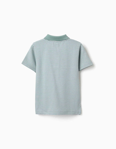 Striped Cotton Polo Shirt with Print for Boys, Light Green/White