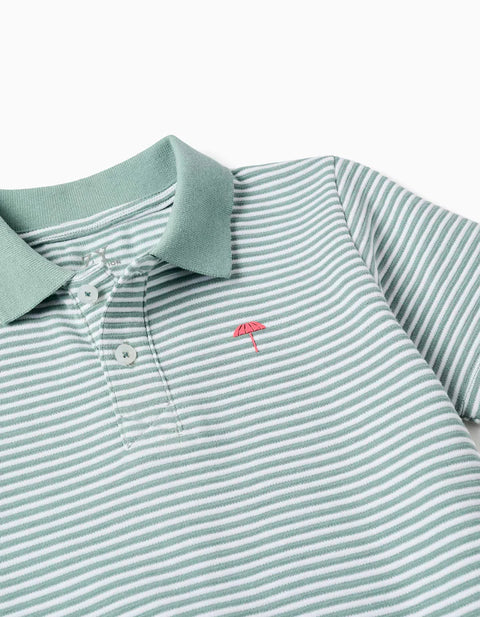 Striped Cotton Polo Shirt with Print for Boys, Light Green/White