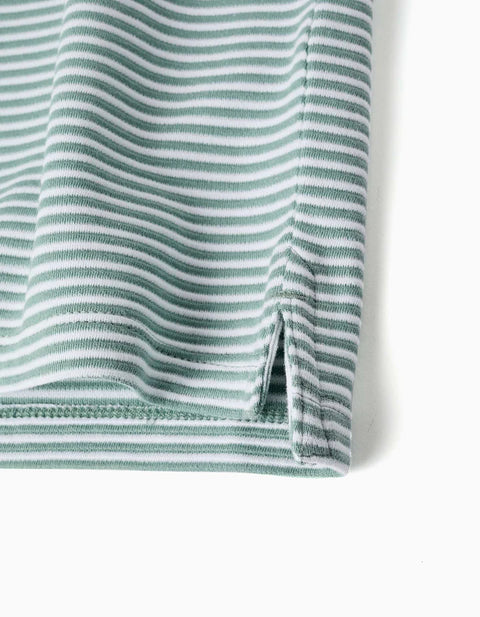 Striped Cotton Polo Shirt with Print for Boys, Light Green/White