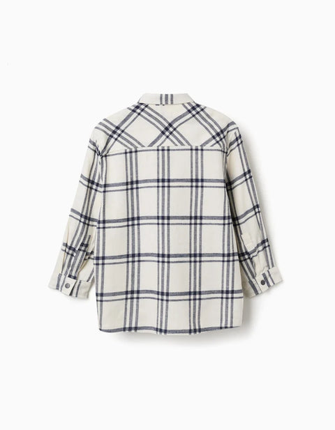 Long Sleeve Flannel Shirt with Check Pattern for Boys, White/Navy Blue