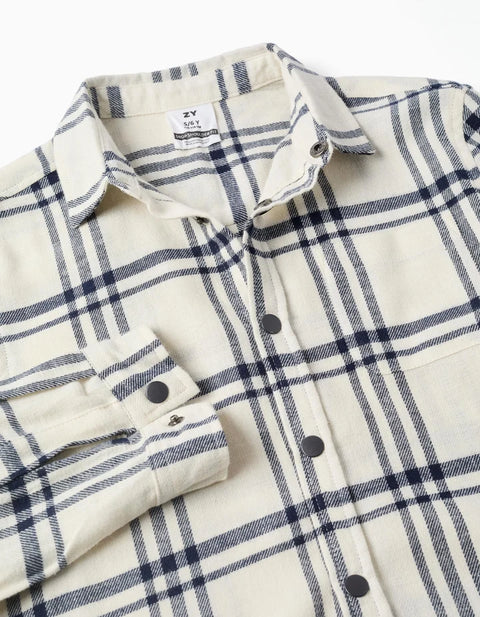 Long Sleeve Flannel Shirt with Check Pattern for Boys, White/Navy Blue