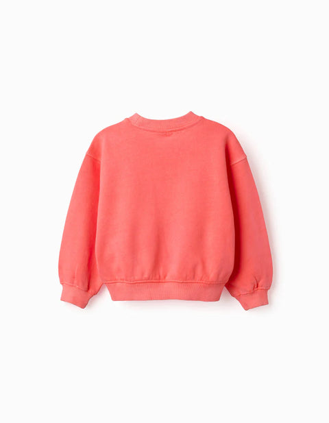 Cotton Sweatshirt with Dropped Shoulders for Baby Girls, Neon Coral