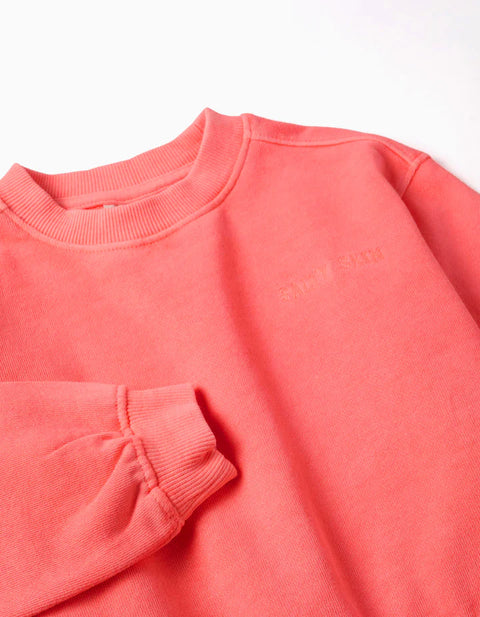 Cotton Sweatshirt with Dropped Shoulders for Baby Girls, Neon Coral
