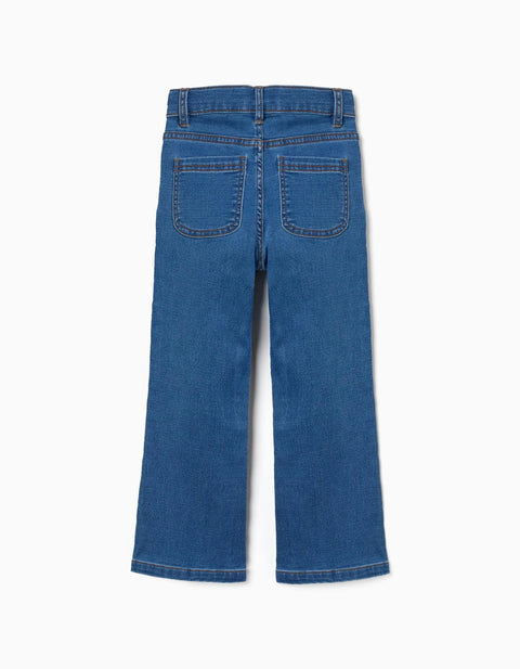 Flared Jeans with Adjustable Waist and Pockets for Girls, Blue
