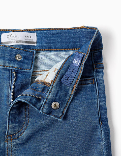 Flared Jeans with Adjustable Waist and Pockets for Girls, Blue