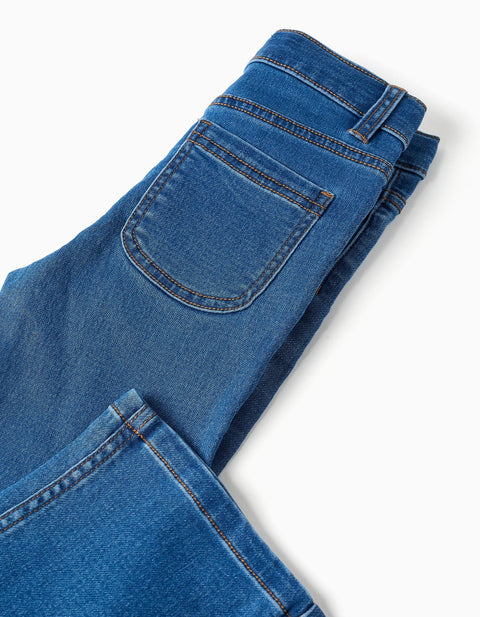 Flared Jeans with Adjustable Waist and Pockets for Girls, Blue