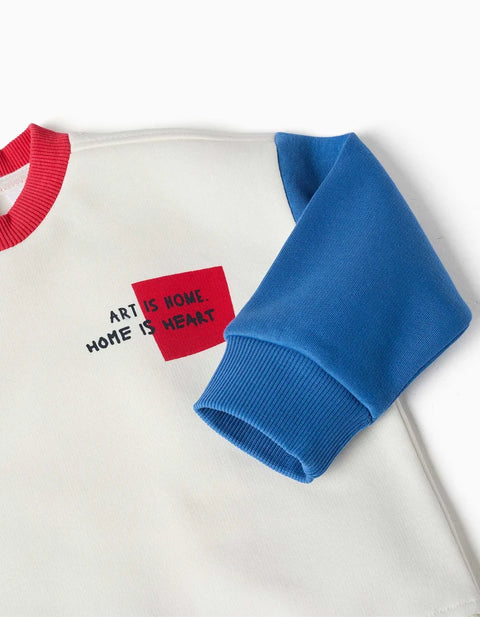 Brushed Sweatshirt with Chest Print for Baby Boys, White/Blue/Red