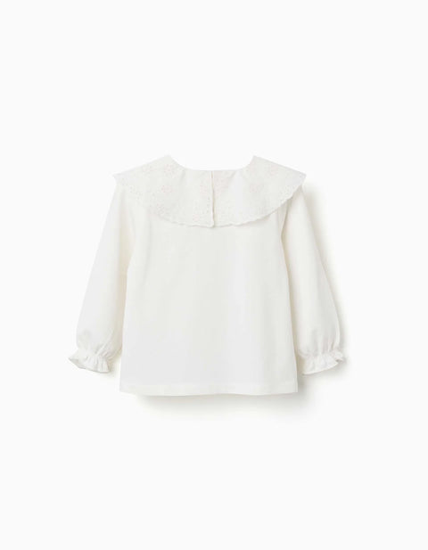 Long Sleeve T-Shirt with Embroidered Maxi Collar for Baby Girls, White