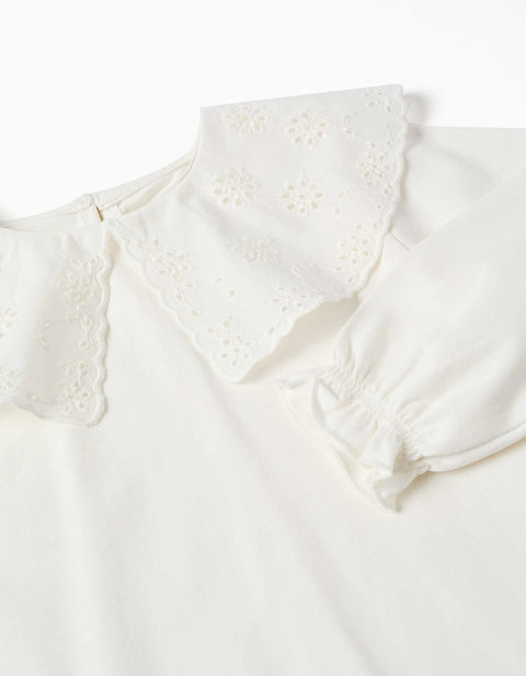 Long Sleeve T-Shirt with Embroidered Maxi Collar for Baby Girls, White