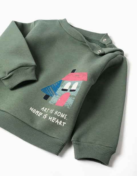 Brushed Jogging Set with House Print for Baby Boys, Dark Green