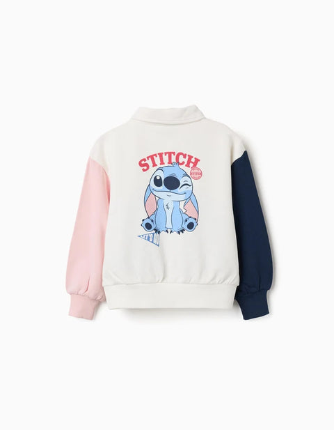 Cotton Sweatshirt with Stitch Prints for Girls, White/Blue/Pink