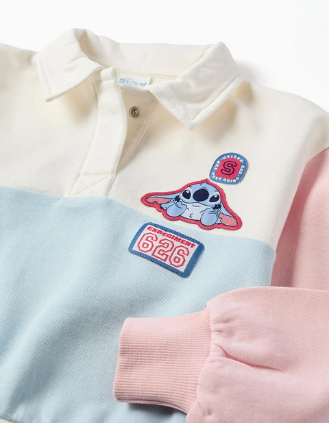 Cotton Sweatshirt with Stitch Prints for Girls, White/Blue/Pink