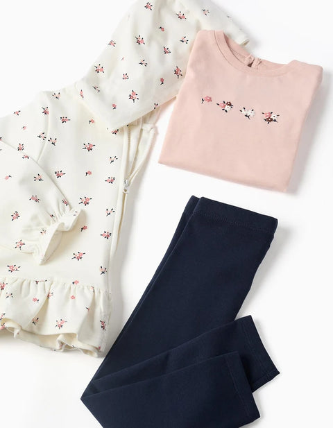3-Piece Cotton Set with Floral Print for Baby Girls, White/Pink/Blue