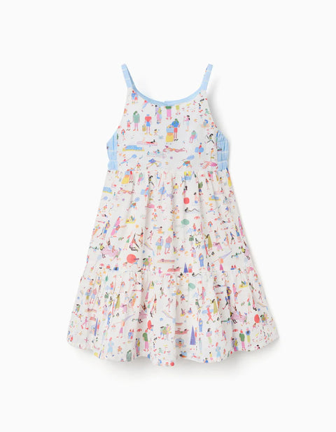 Strappy Cotton Dress with Print Carolina Celas x Zippy for Girls, White