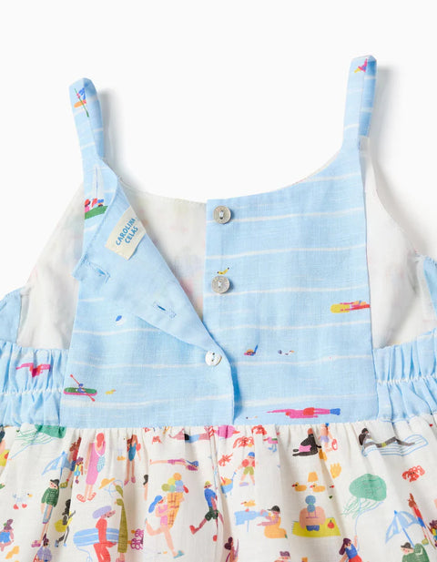 Strappy Cotton Dress with Print Carolina Celas x Zippy for Girls, White